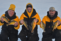 image of ice fishermen holding Jumbo Perch on Devils Lake